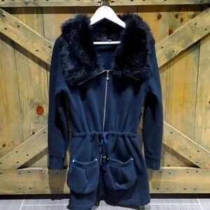 BCBGMAXAZRIA ZIP UP SWEATER WITH FAUX FUR REMOVABLE COLLAR BLING BLACK